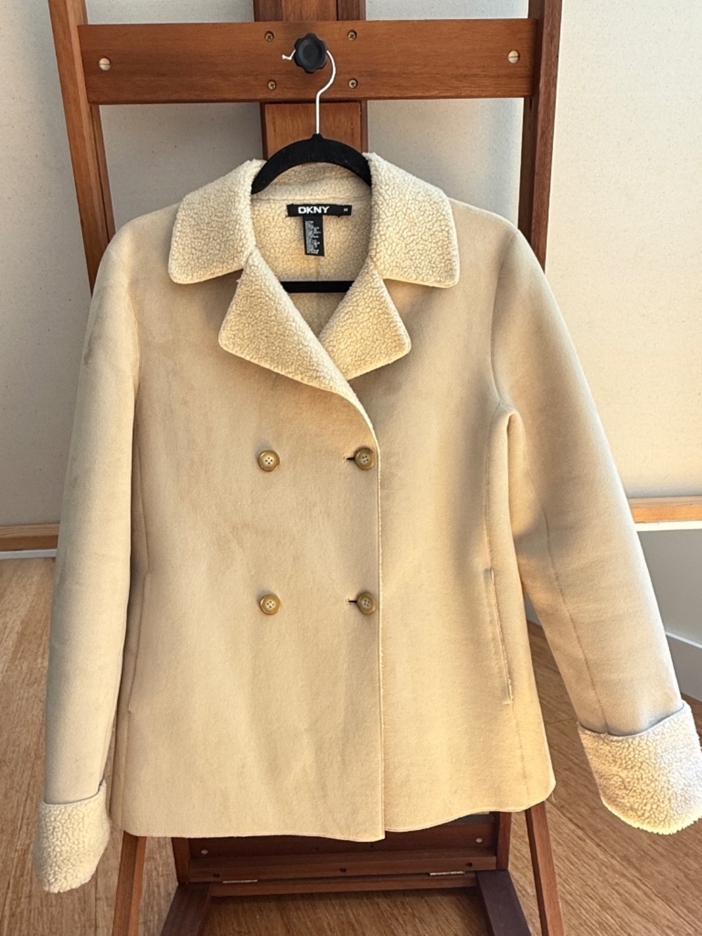DKNY Cream Faux Suede & Sherpa Shearling Double-Breasted Jacket - M